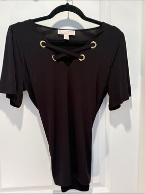Michael Kors Black Short-Sleeve Lace-Up Top with Gold Grommets